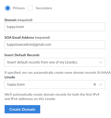 Linode create domain screenshot