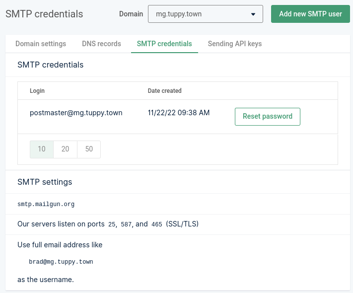 Mailgun SMTP credentials screenshot