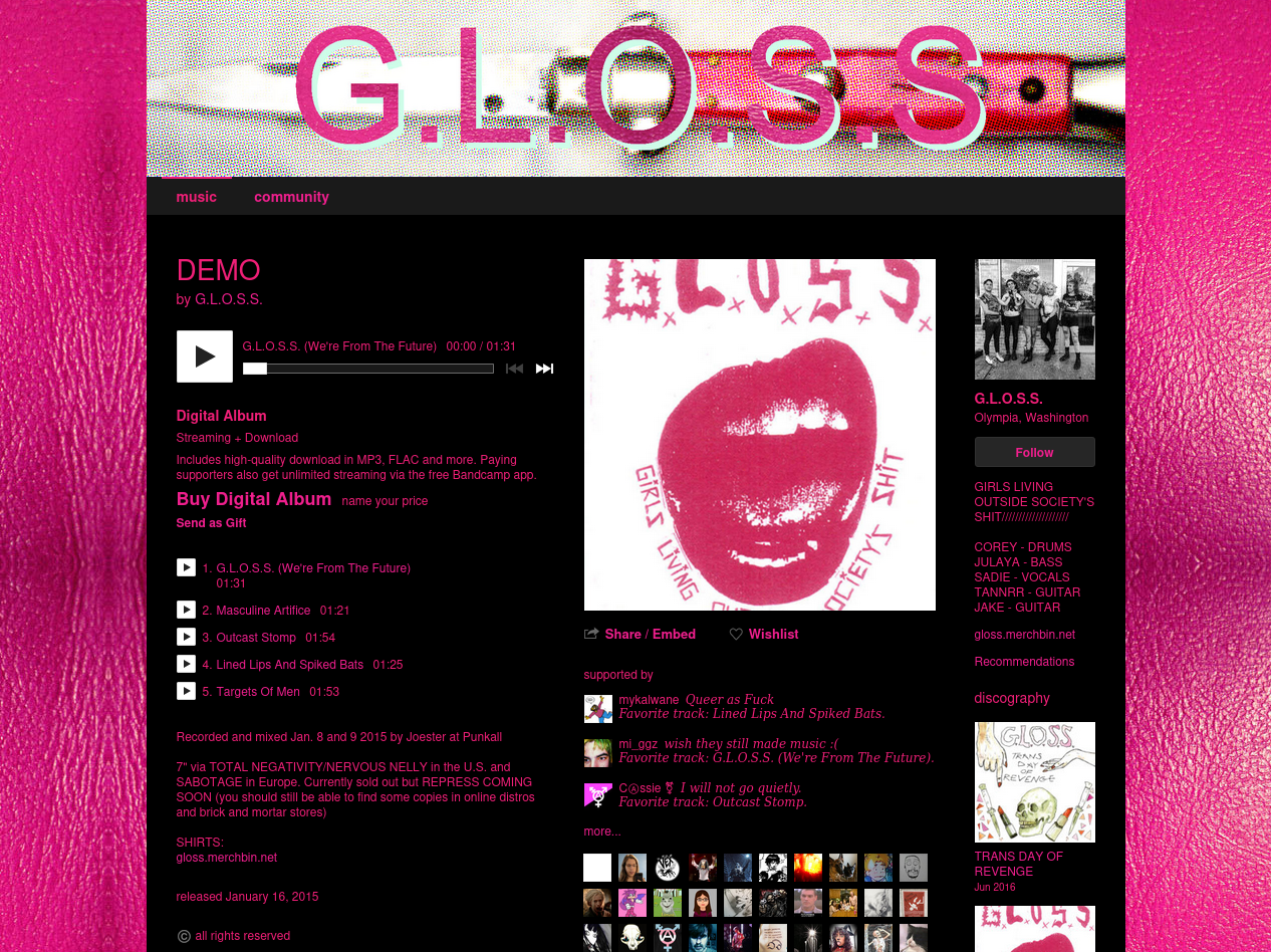 the Bandcamp page for one of G.L.O.S.S.'s releases, with a nice player, tracklist and liner notes