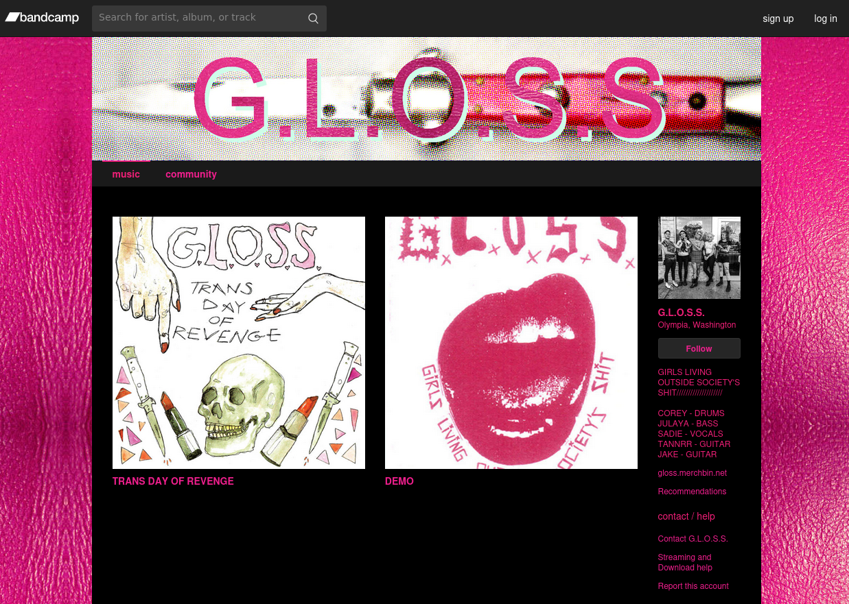 the Bandcamp page for the band G.L.O.S.S. showing their two releases, custom logo, background, colours, and sidebar with a short bio and band photo