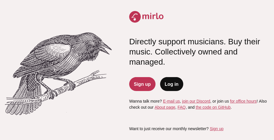 a screenshot from mirlo's homepage. Directly support musicians. Buy their music, collectively owned and managed
