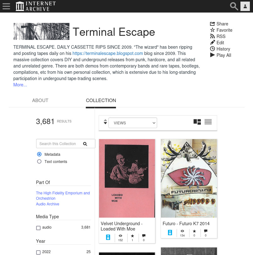 screenshot of the Terminal Escape Collection on the Internet Archive