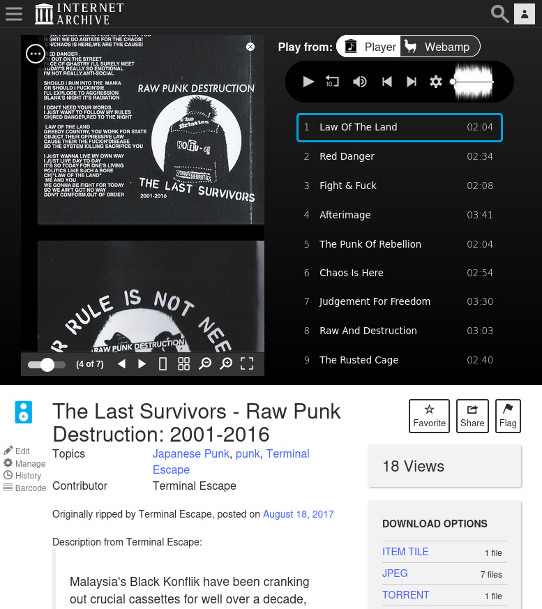 screenshot of an item in the collection, showing the mp3 player and artwork browser and the beginning of the description